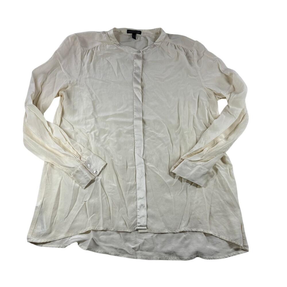 Eileen Fisher Silk Tunic Blouse S Ivory Bone Sheer Hidden Button Mandarin Collar